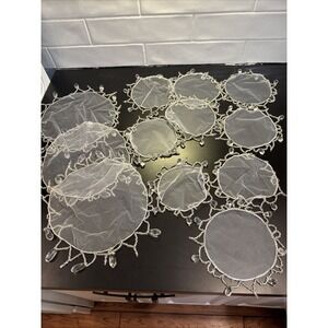 Hand Made Beaded Jug‎ Glass Bowl Covers Lot Of 12 White Round